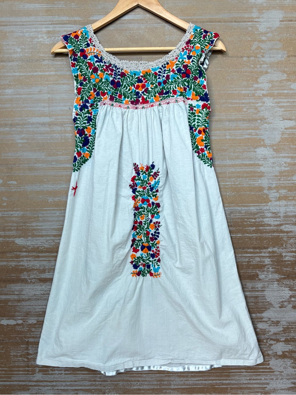 Mi Golondrina White Dress with Multicolor Floral Embroidery